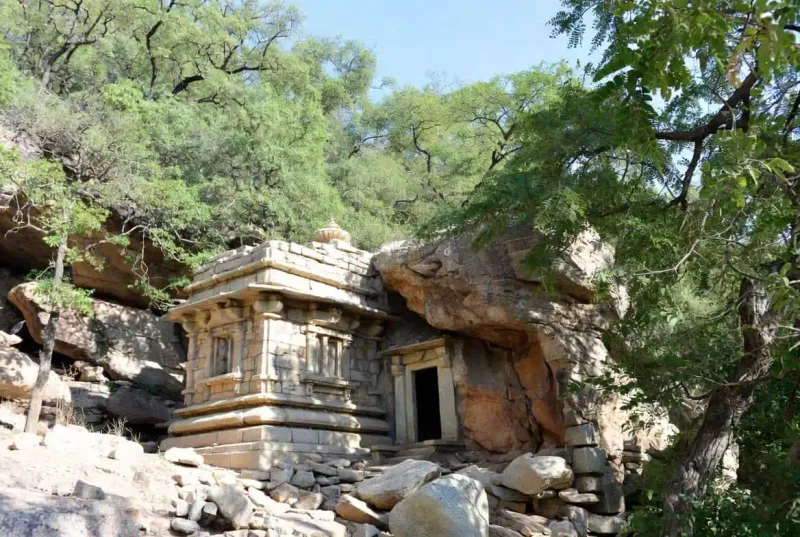 The serene forest cave entrance of Amreshwar Mahadev Temple in Sawai Madhopur