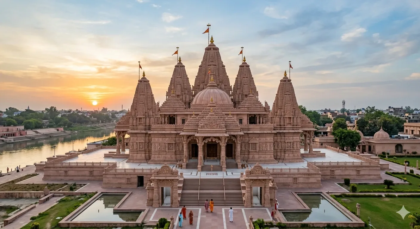 The magnificent Ayodhya Ram Mandir in pink sandstone at dawn, showcasing its traditional Nagara style spires and the Sarayu River.