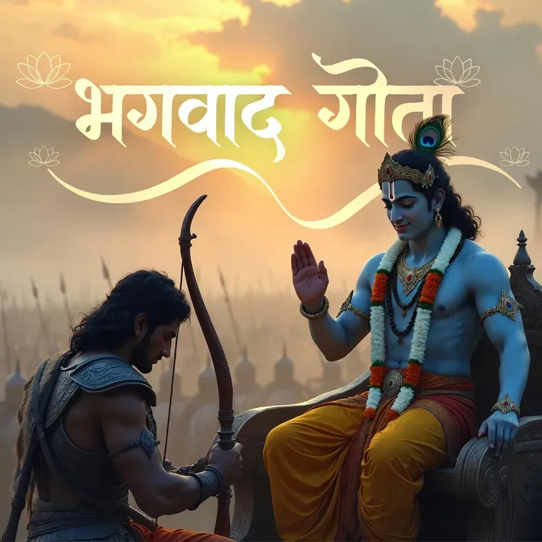 A depiction of the Bhagavad Gita, an ancient Indian scripture, with illustrations of Arjuna and Krishna on the battlefield of Kurukshetra. The image captures the timeless essence of the Gita as both a philosophical and spiritual guide.