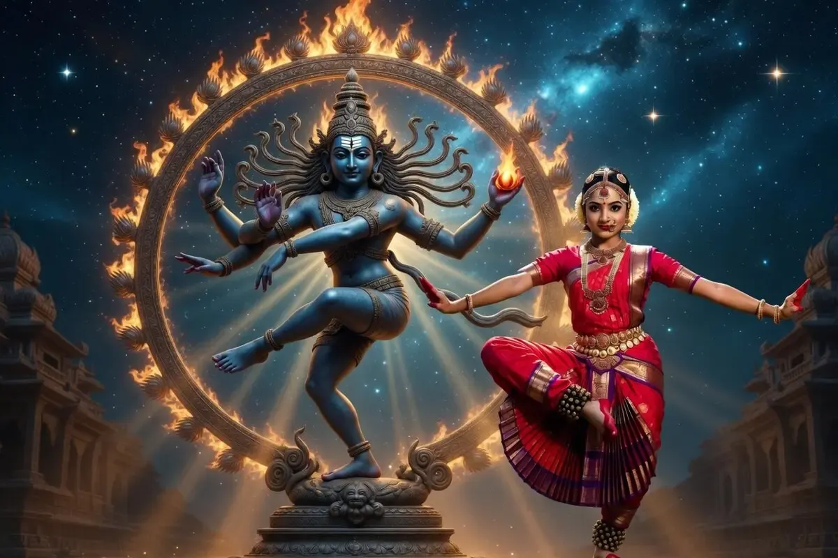A depiction of Bharatanatyam, the classical dance form of Tamil Nadu, showcasing intricate gestures, expressions, and traditional attire.