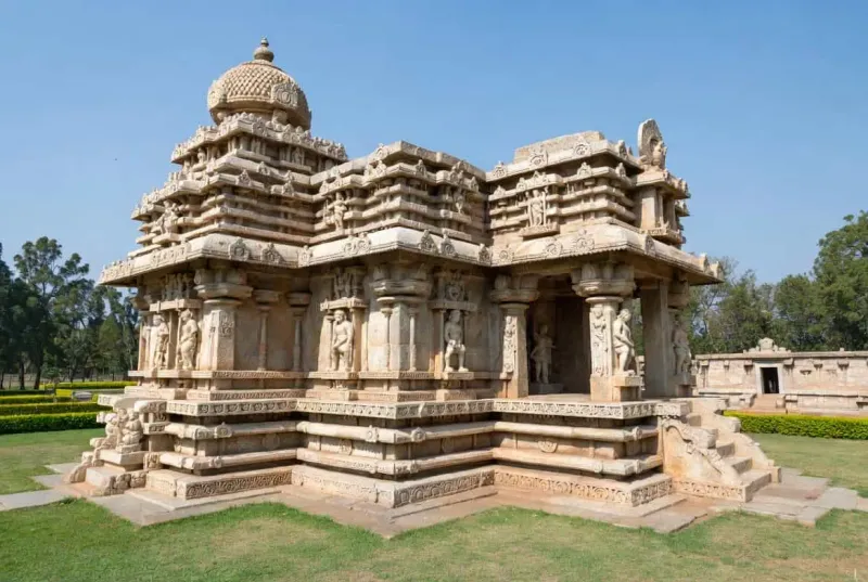 The incredibly detailed star-shaped stone base and exterior walls of the Chennakesava Temple in Belur