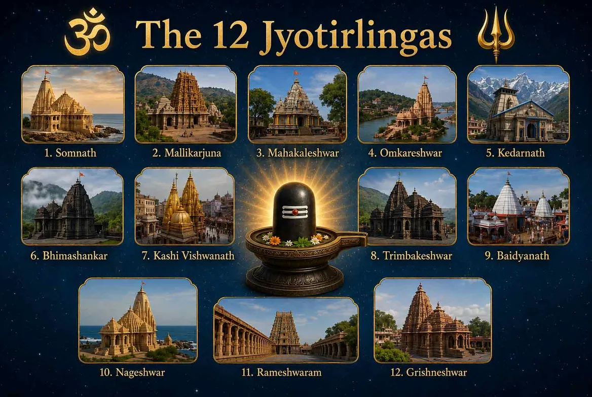 The Twelve Jyotirlingas across India, representing the cosmic manifestations of Lord Shiva.