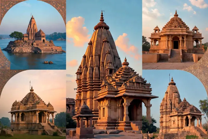 A collage of the iconic temples of Madhya Pradesh, showcasing the grandeur and diversity of its sacred architecture