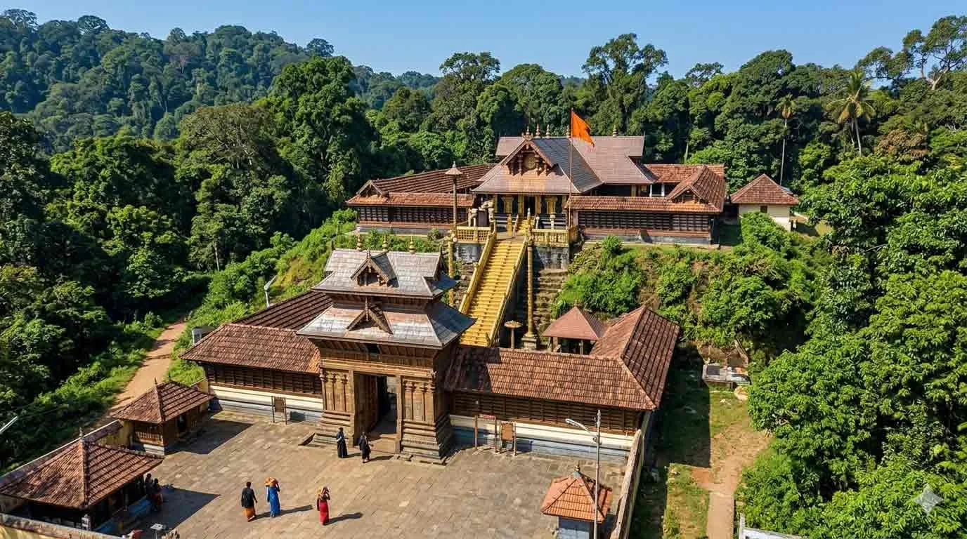 Sabarimala Shri Ayyappa Swamy Temple in Kerala, with its sacred mountain sanctuary nestled in the Periyar Tiger Reserve.