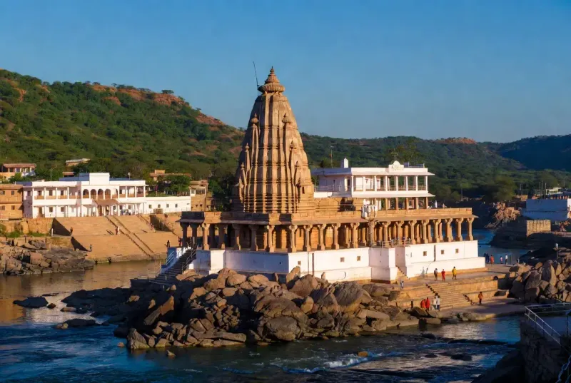 The sacred spires and complex of Omkareshwar Jyotirlinga Temple on Mandhata Island