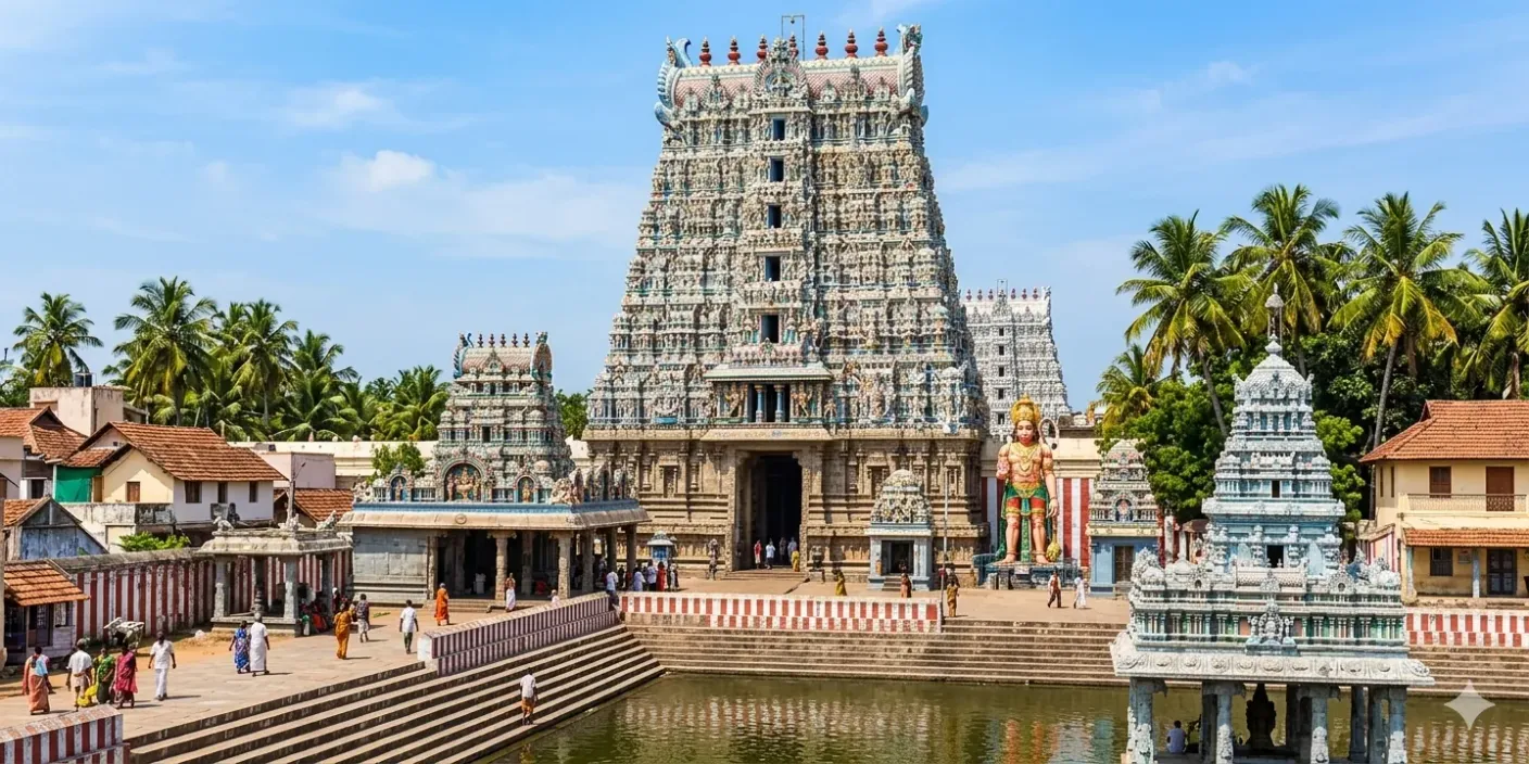 The magnificent white Gopuram of Suchindram Thanumalayan Temple
