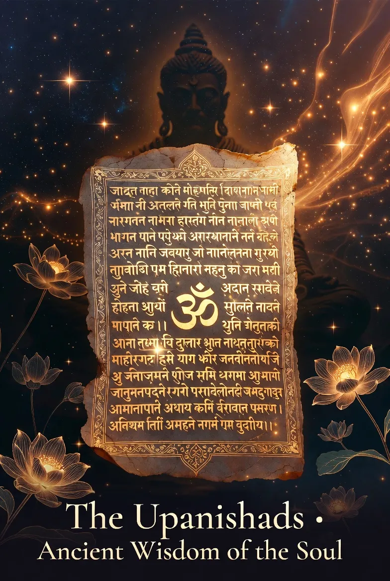 Mystical digital artwork of The Upanishads featuring an ancient glowing palm leaf manuscript with Sanskrit verses, a prominent golden Om symbol, lotus flowers, and a meditating sage silhouette against a cosmic starry background.