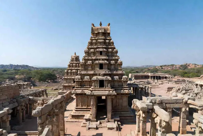The majestic multi-tiered Gopuram of Virupaksha Temple rising over Hampi landscape